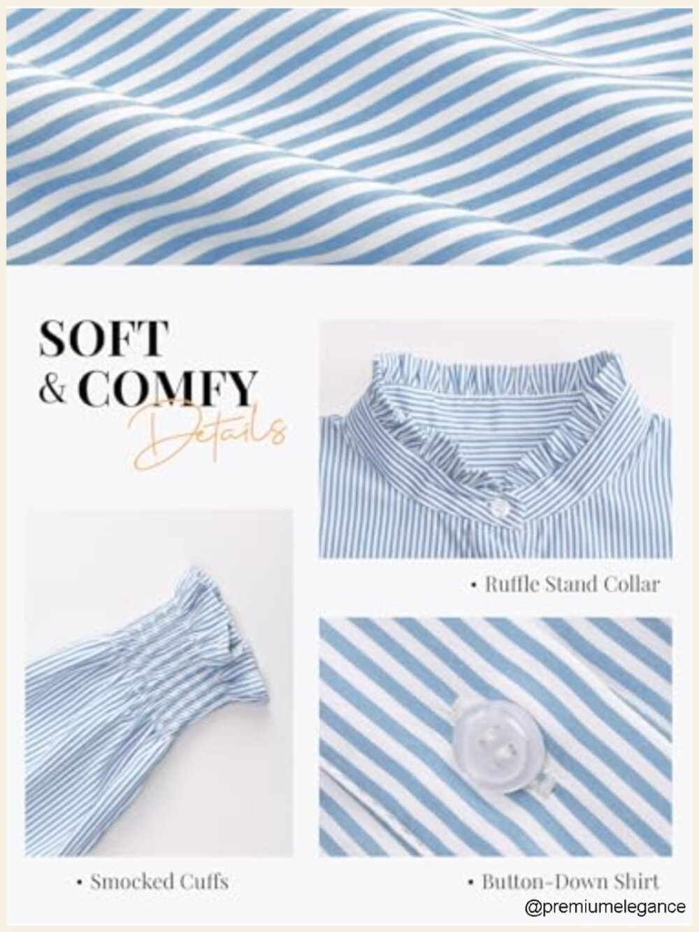 Striped Long Sleeve Button Down Blouse with Ruffle Collar Smocked Cuffs - Picture 5 of 6